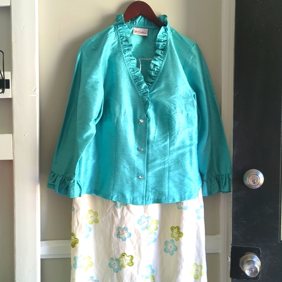 3 Sisters Silk Linen 2 piece Skirt Set Turquoise 14 Mother of the Bride Floral - Picture 1 of 8